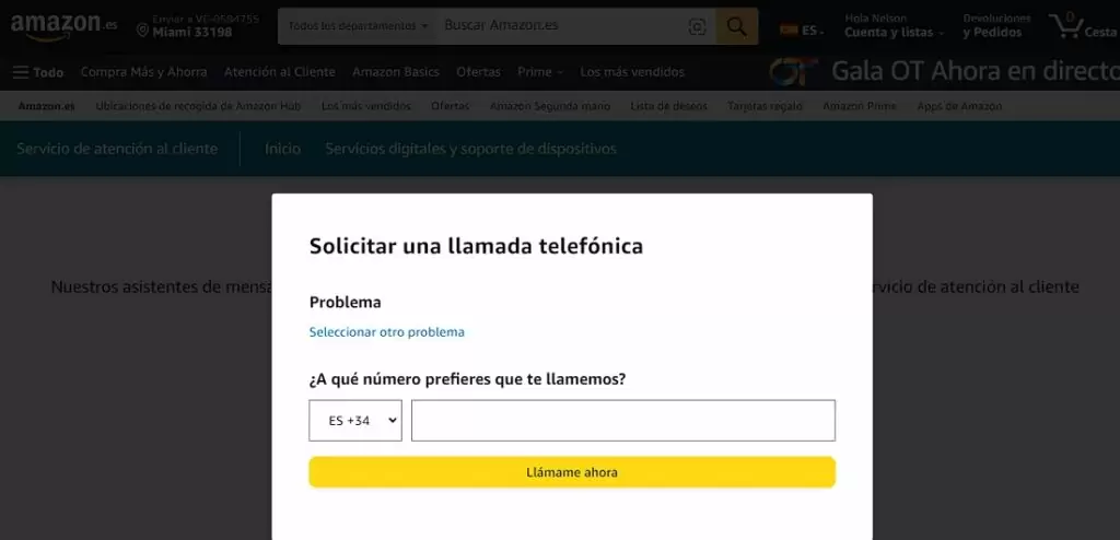 Teléfono de Amazon: Solicitar llamada